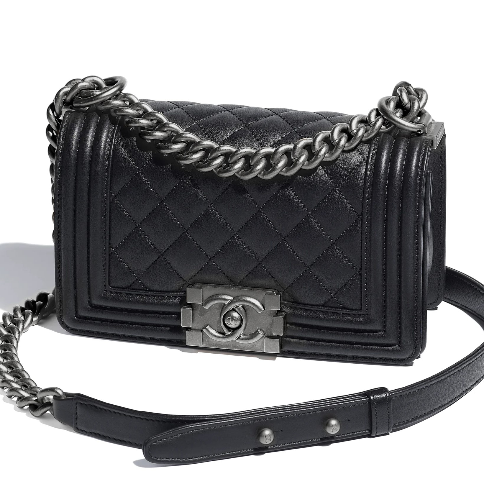 Túi đeo chéo Chanel Small Boy Calfskin Ruthenium-Finish Metal Black 2