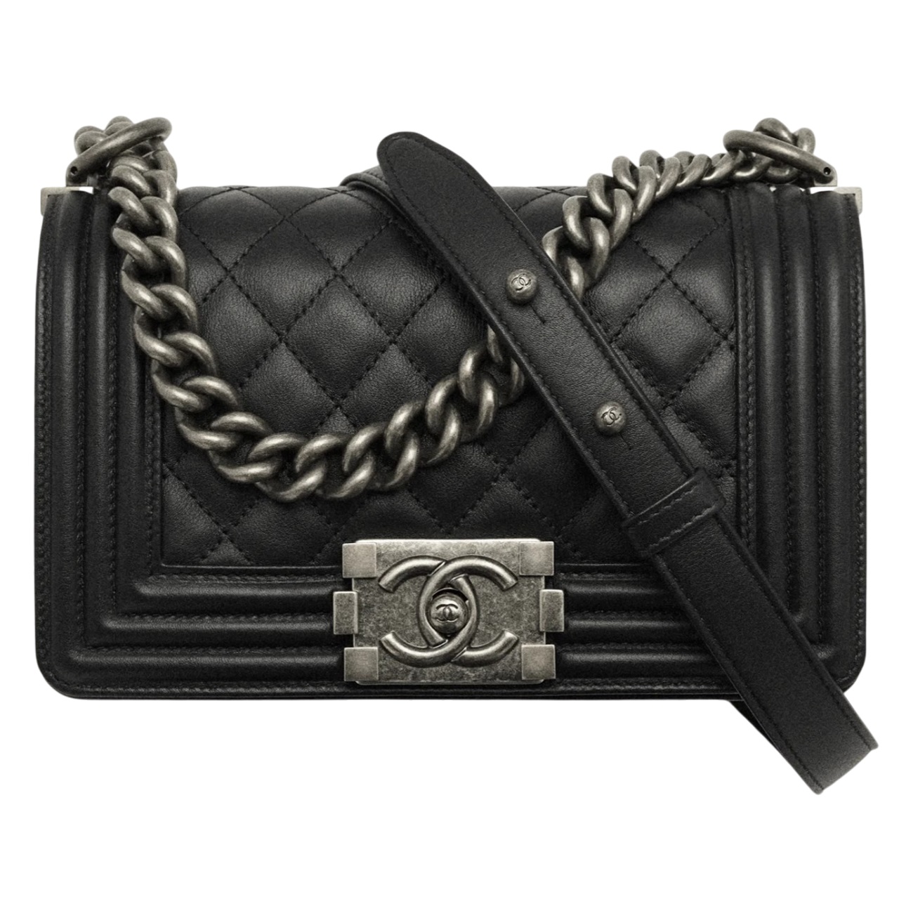 Túi đeo chéo Chanel Small Boy Calfskin Ruthenium-Finish Metal Black 4