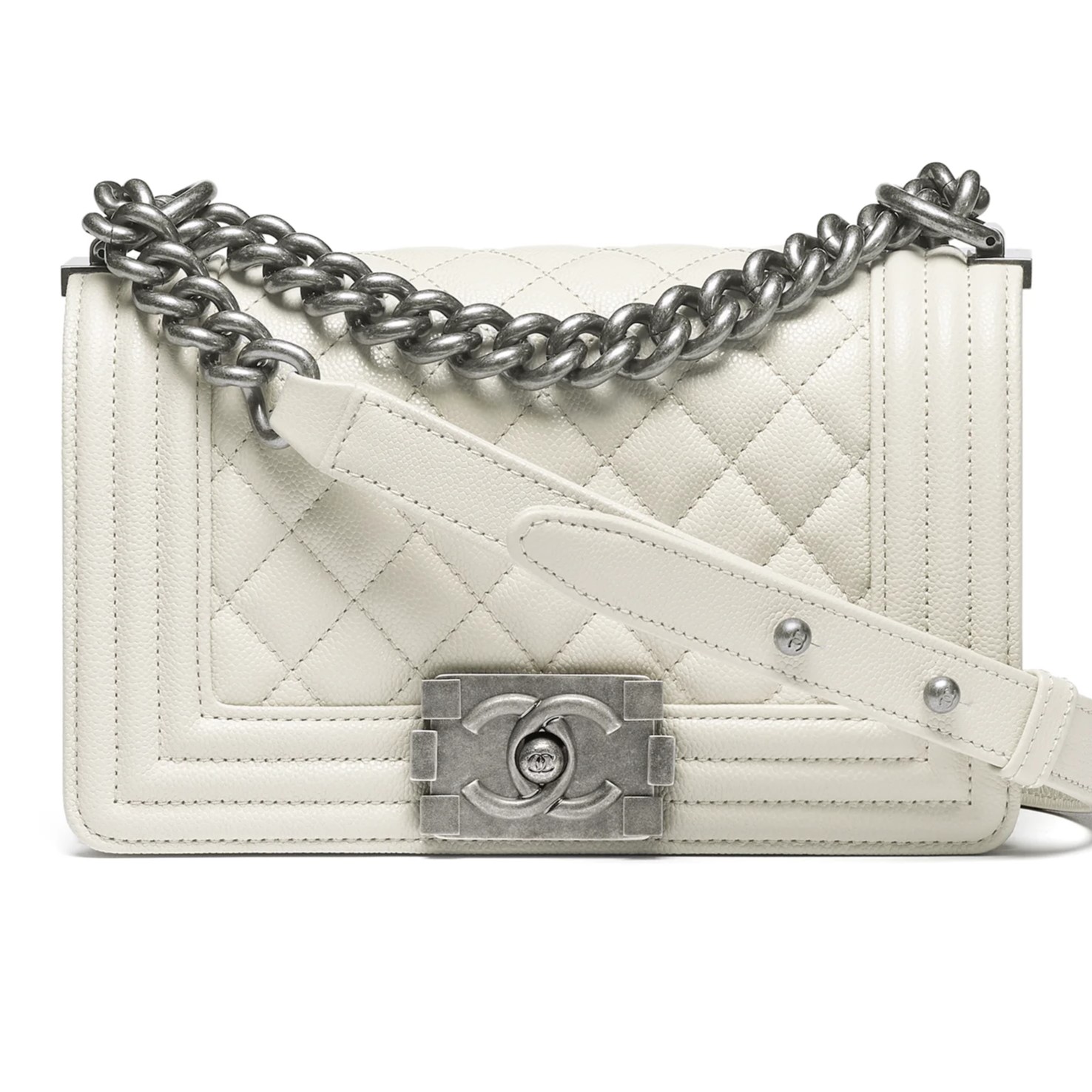 Túi đeo chéo Chanel Small Boy Shiny Grained Calfskin Ruthenium-Finish Metal Light Gray 4