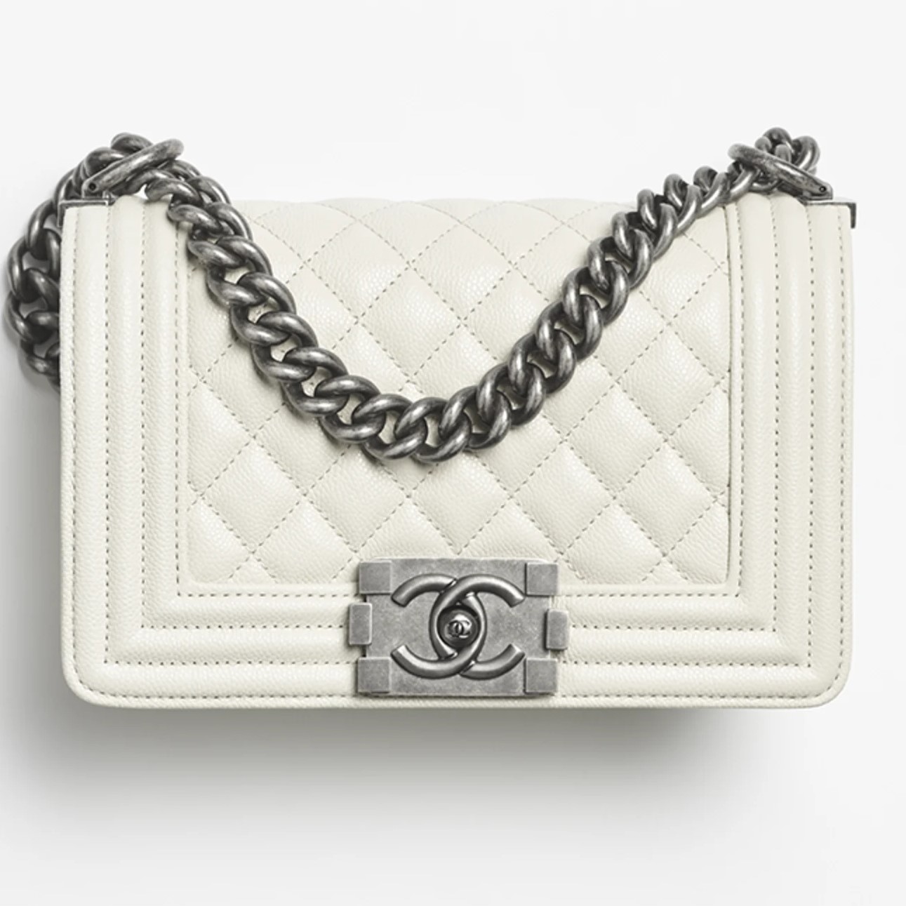 Túi đeo chéo Chanel Small Boy Shiny Grained Calfskin Ruthenium-Finish Metal Light Gray 5