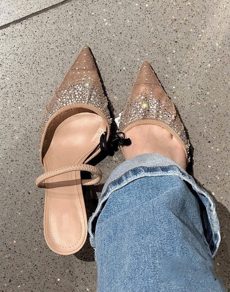 Guốc cao gót Zara Mesh Heeled Mules with Back Strap Pointed Toe Pumps 1