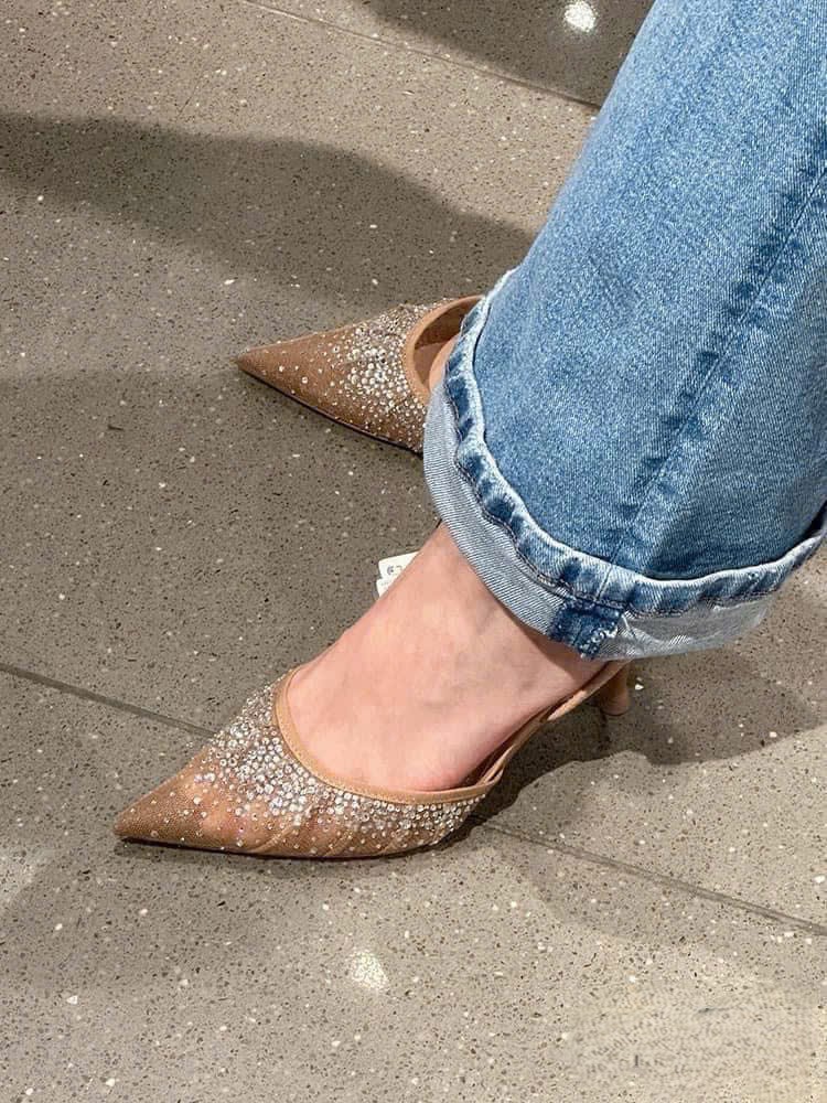 Guốc cao gót Zara Mesh Heeled Mules with Back Strap Pointed Toe Pumps 9