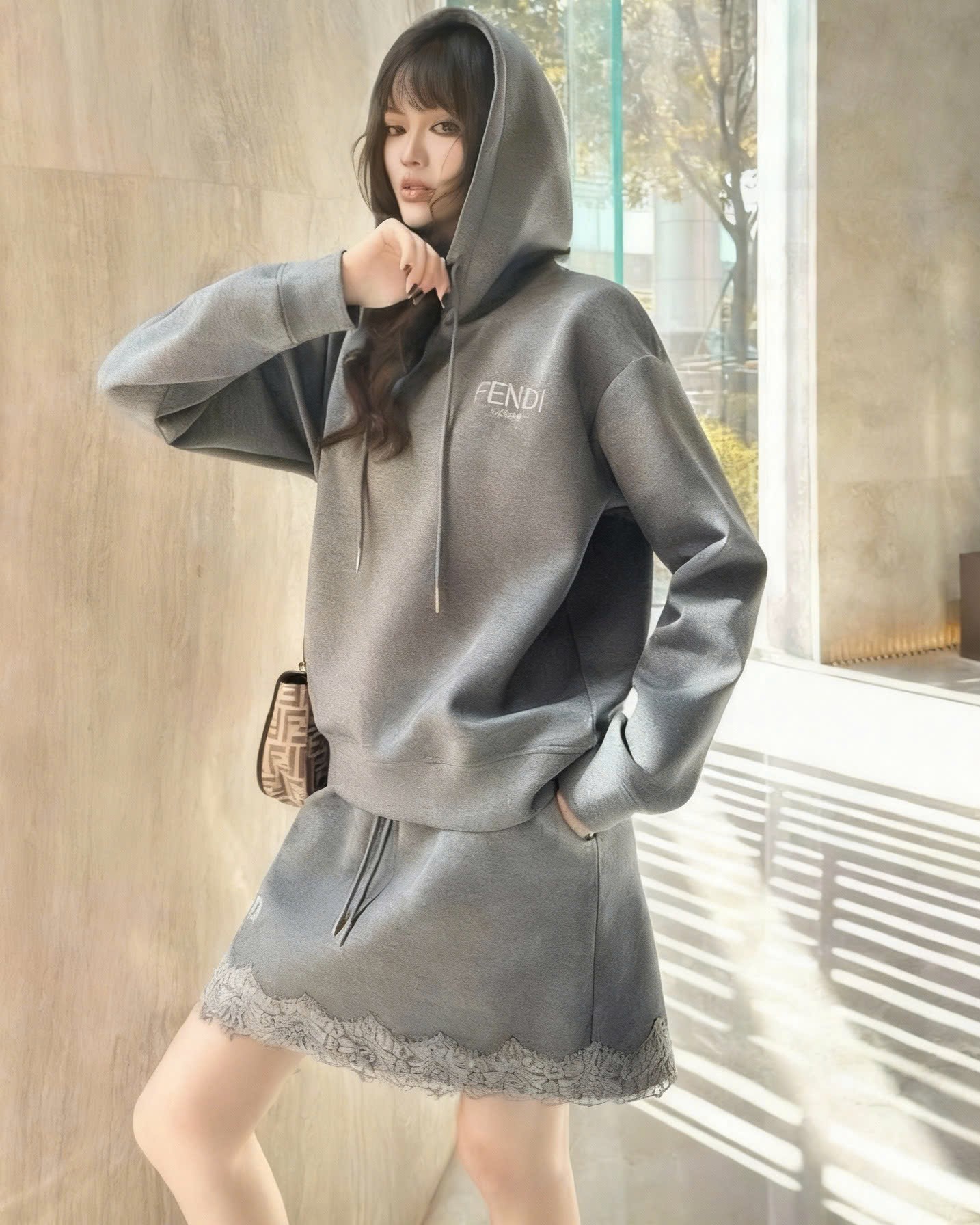 Combo áo có nón váy phối ren xám Fendi 2