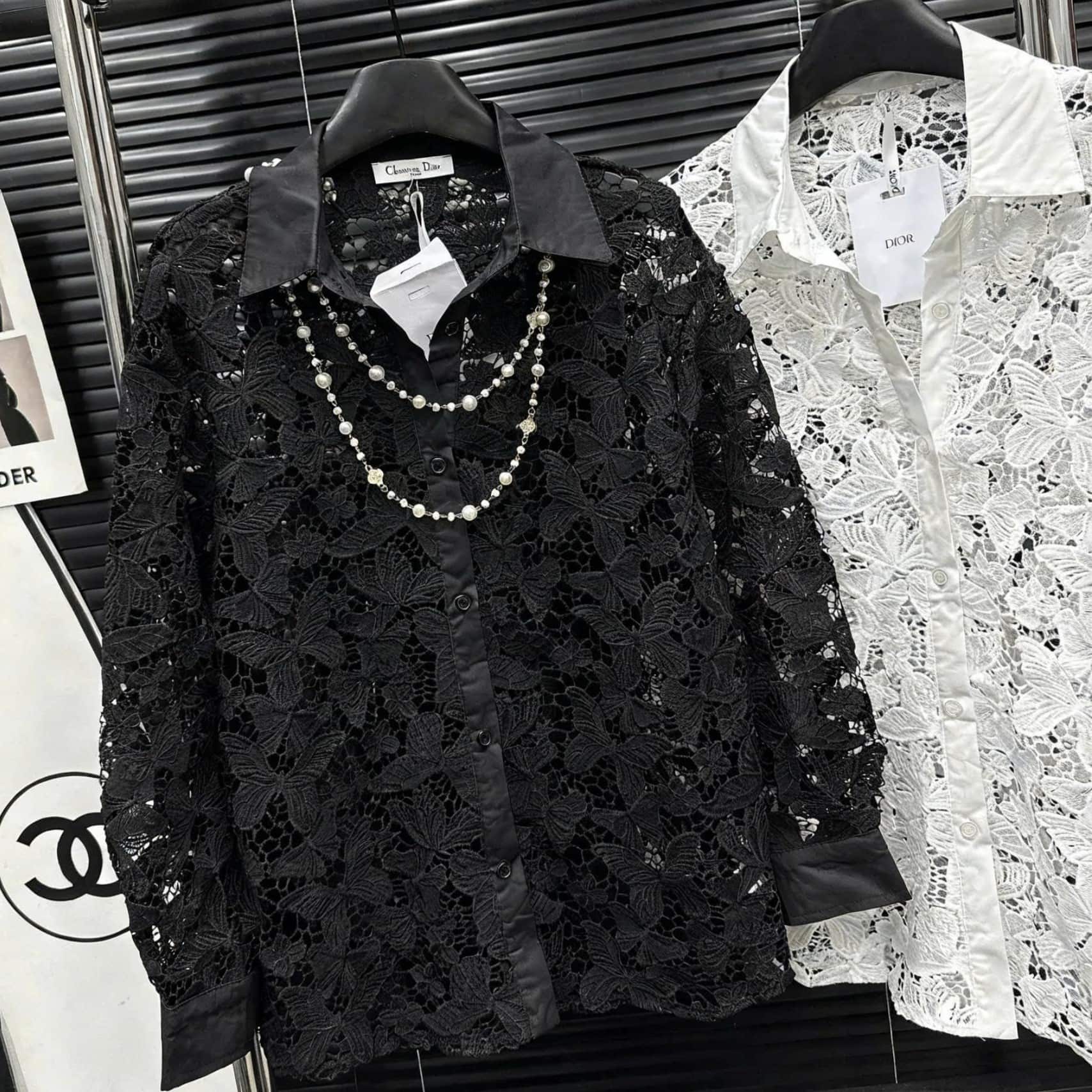 Áo sơ mi ren trắng đen Dior 10