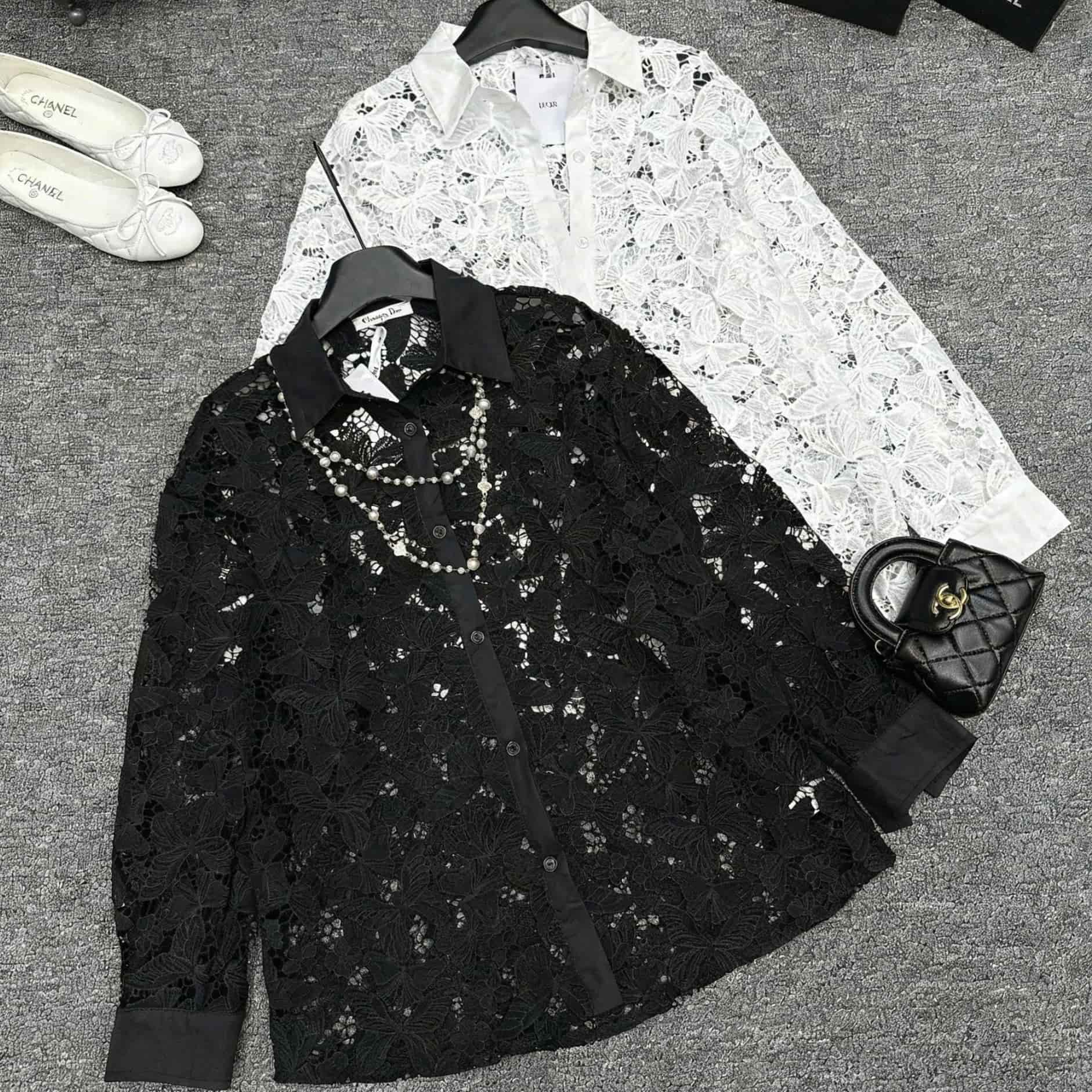 Áo sơ mi ren trắng đen Dior 15