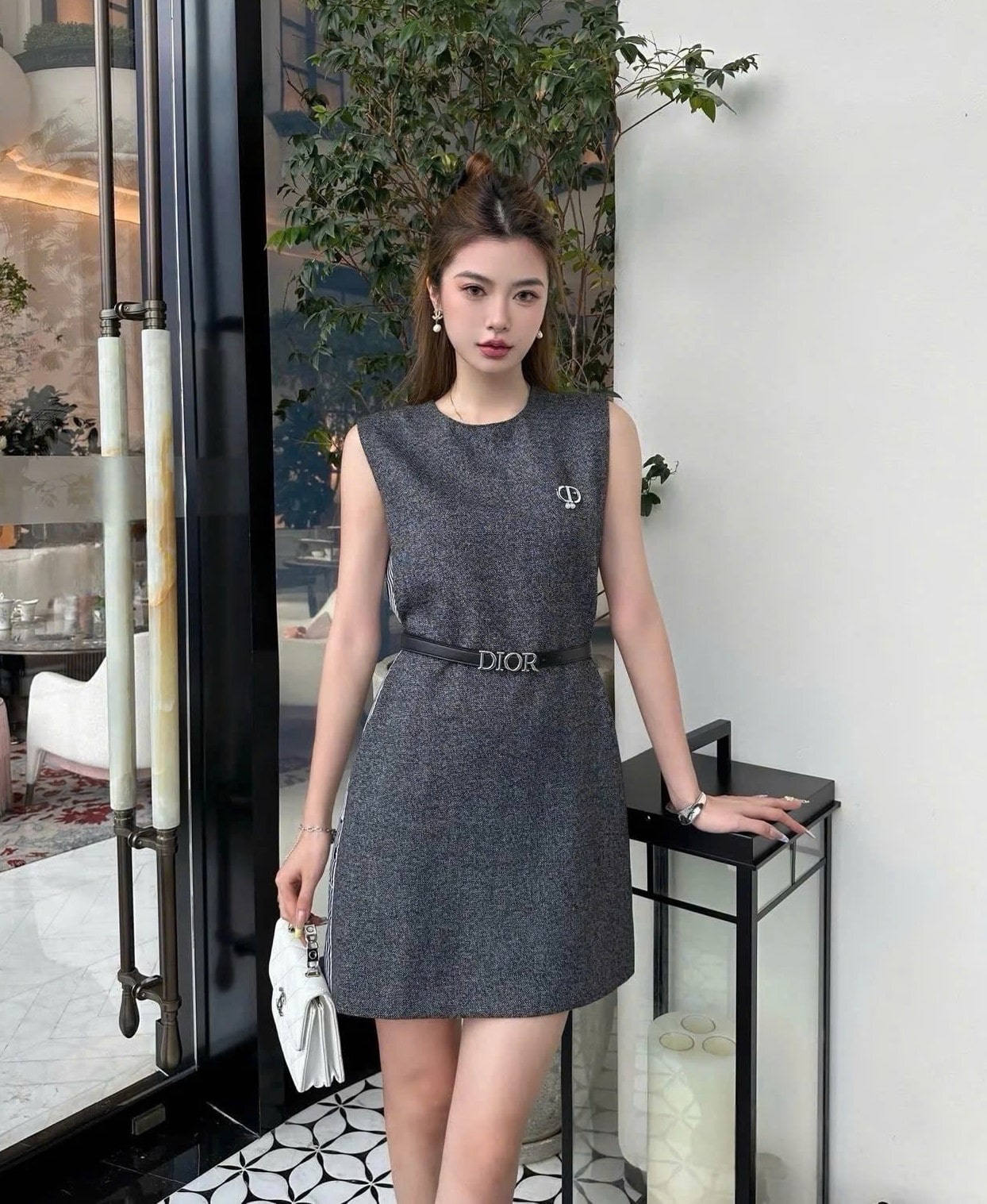 Áo đầm sát nách thời trang nữ Dior đen xám 9