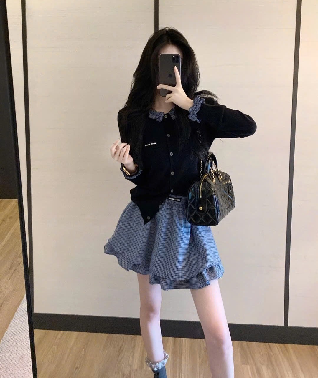 Combo bộ áo len thun váy vải ngắn xanh dương Miu Miu 1