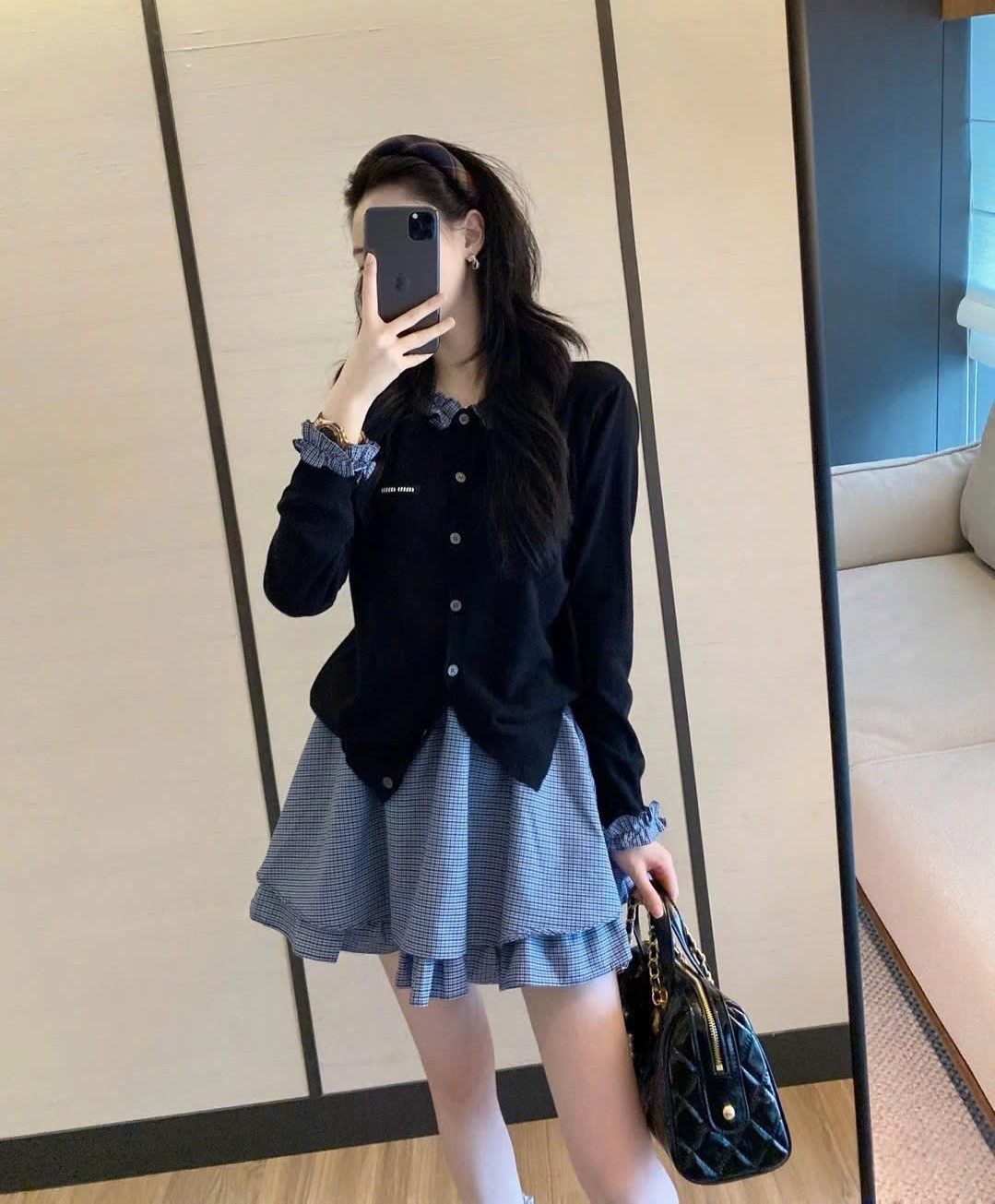 Combo bộ áo len thun váy vải ngắn xanh dương Miu Miu 4