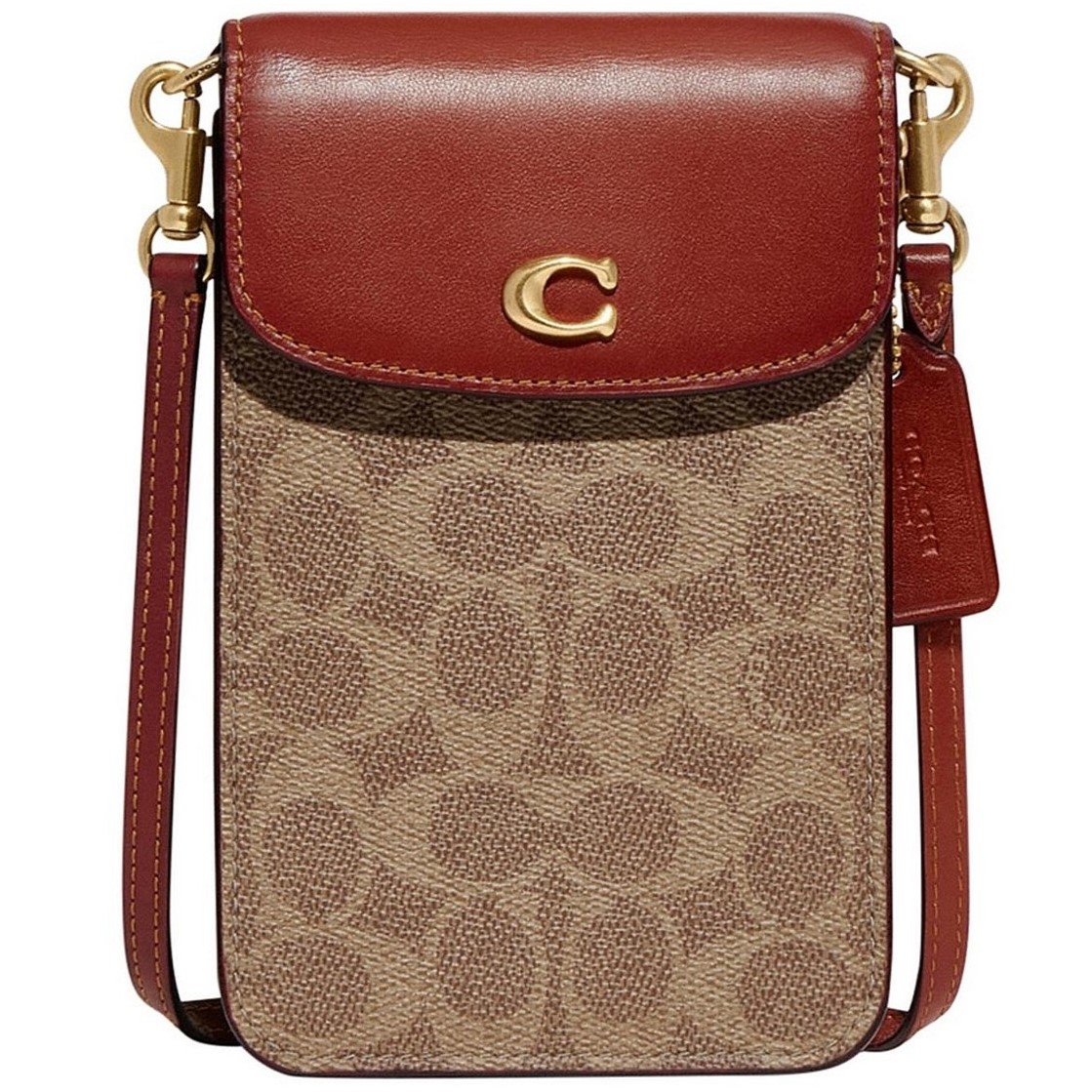 Túi điện thoại nâu nấp đỏ Coach Phone Crossbody In Signature Canvas CJ355 7