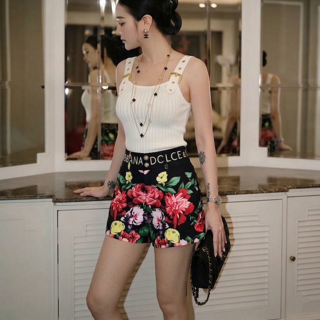 Combo áo thun hai dây Versace với quần short hoa D&G 1