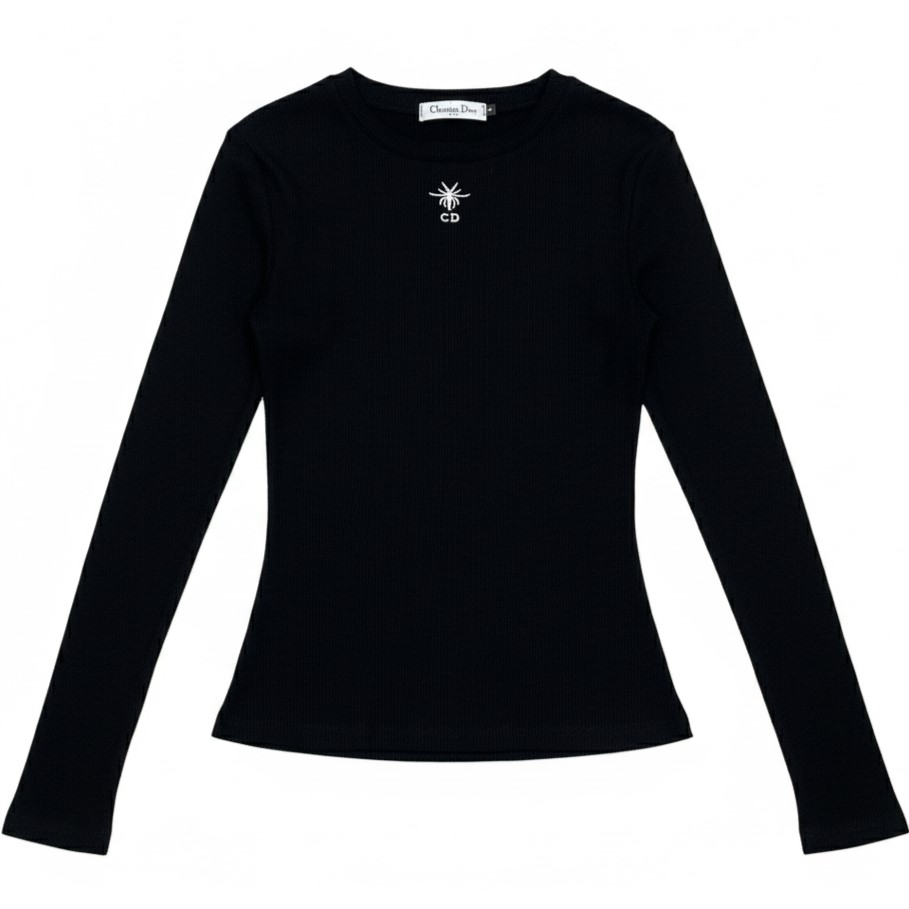 Áo thun ôm nữ tay dài cổ tròn trắng đen Dior 2