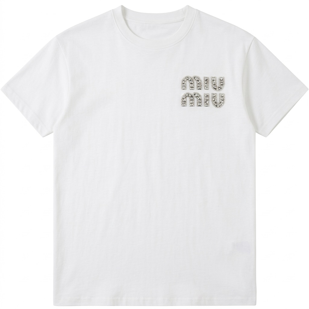 Áo thun trắng nữ đính logo đá Miu Miu 2