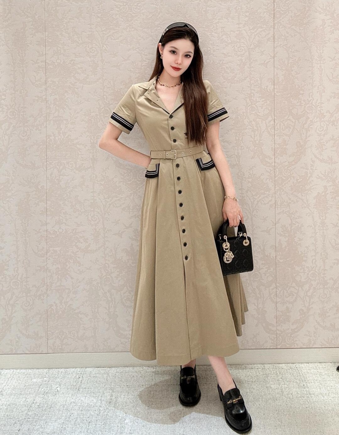 Áo đầm Dior Mid-Length Flared Shirtdress Beige Cotton Gabardine 6