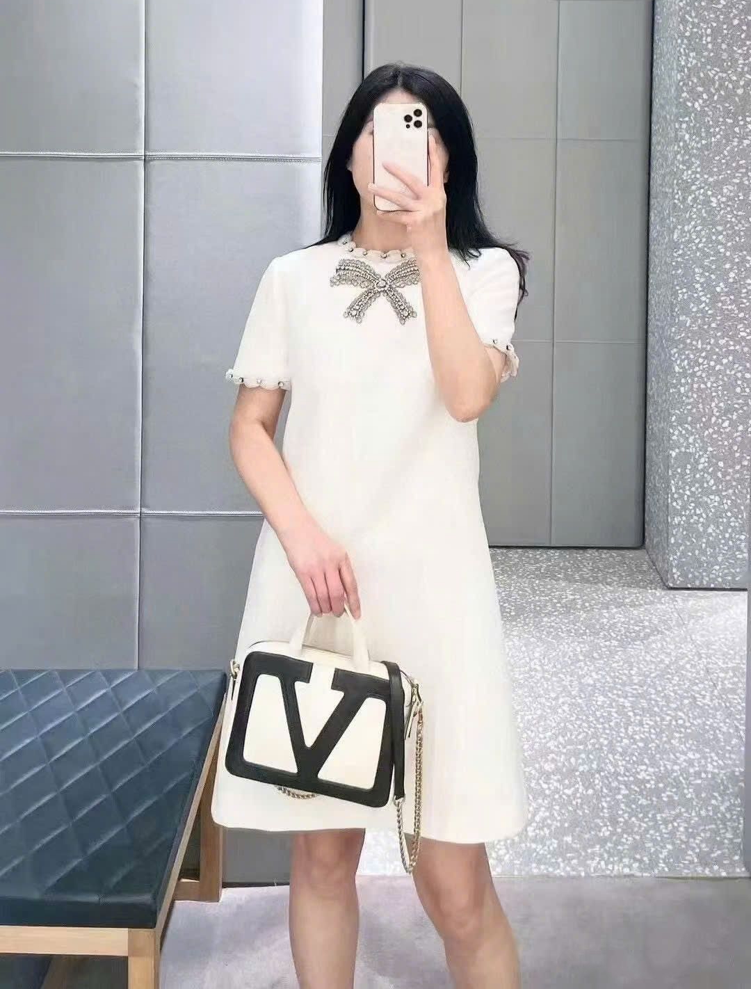 Áo đầm Valentino Embroidered Crepe Couture Short Dress Ivory 4