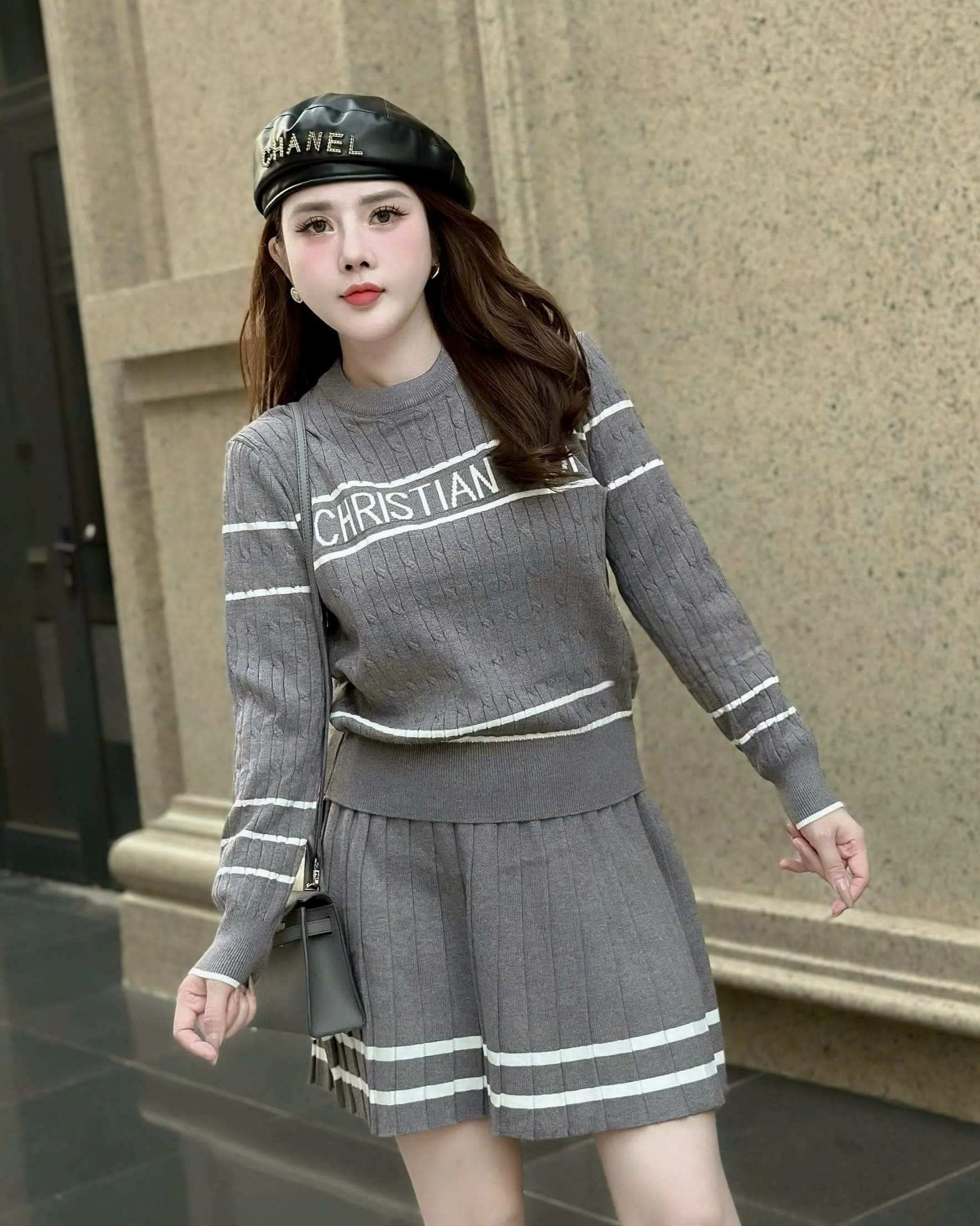 Combo bộ len áo tay dài váy ngắn xòe Dior 4