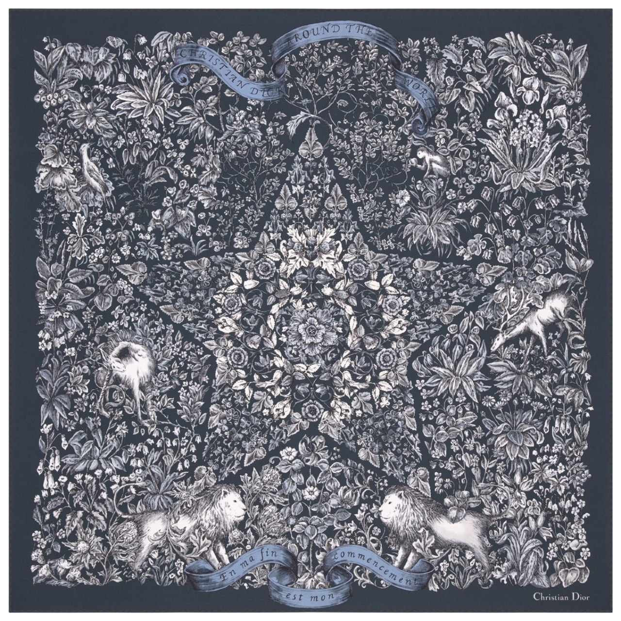 Khăn Dior họa tiết limited Around the World 90s Square Scarf Navy Blue and White Silk Twill 2