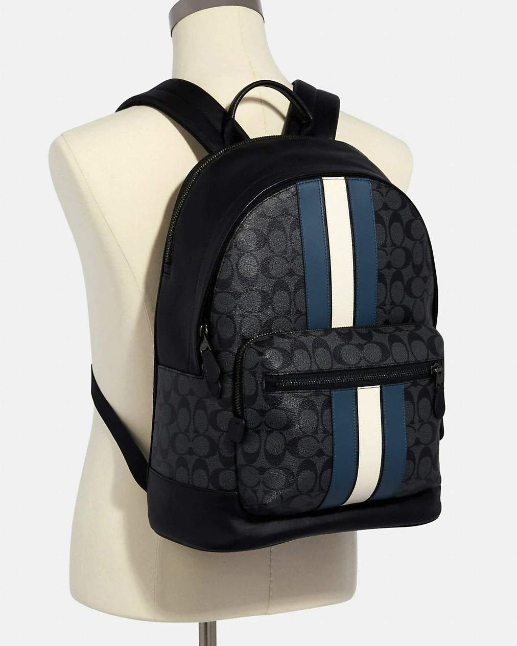 BALO COACH NAM PHỐI SỌC XANH TRẮNG WEST BACKPACK IN SIGNATURE CANVAS WITH VARSITY STRIPE 3