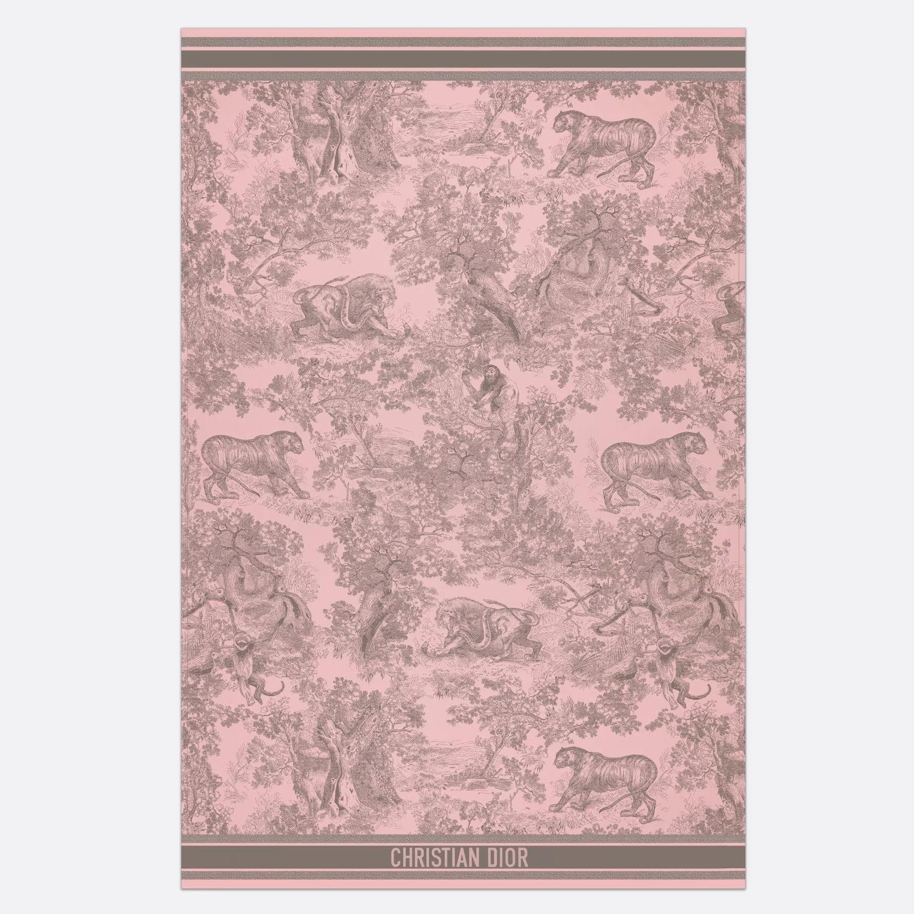 KHĂN CHOÀNG LỤA DIOR TOILE DE JOUY SAUVAGE MOTIF BEACH BLANKET PINK AND GRAY COTTON CONTRASTING BAND WITH CHRISTIAN DIOR SIGNATURE 3