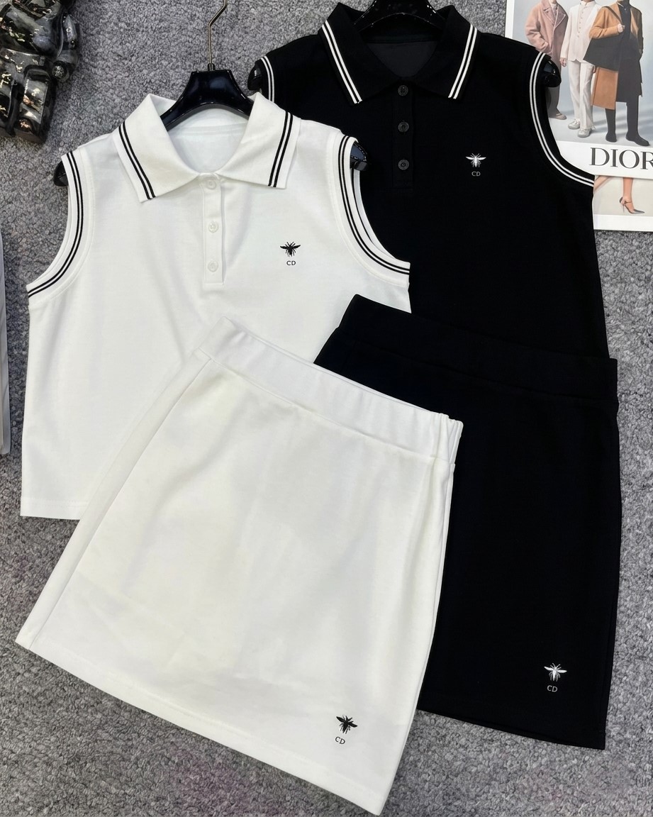Combo áo sát nách váy ôm ngắn thun trắng và đen Dior 3