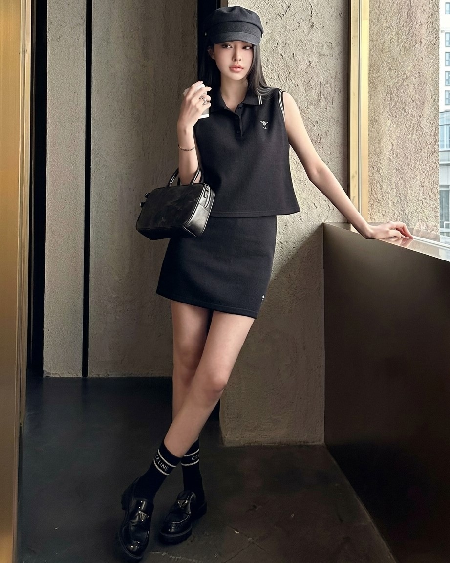 Combo áo sát nách váy ôm ngắn thun trắng và đen Dior 8