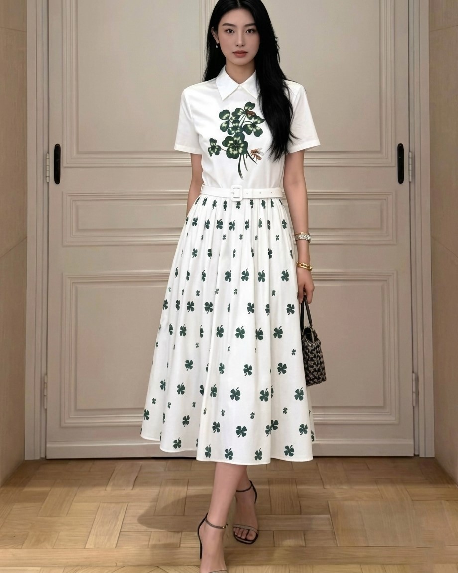 Đầm nữ Dior trắng phối xanh lá limited kèm thắt lưng 3
