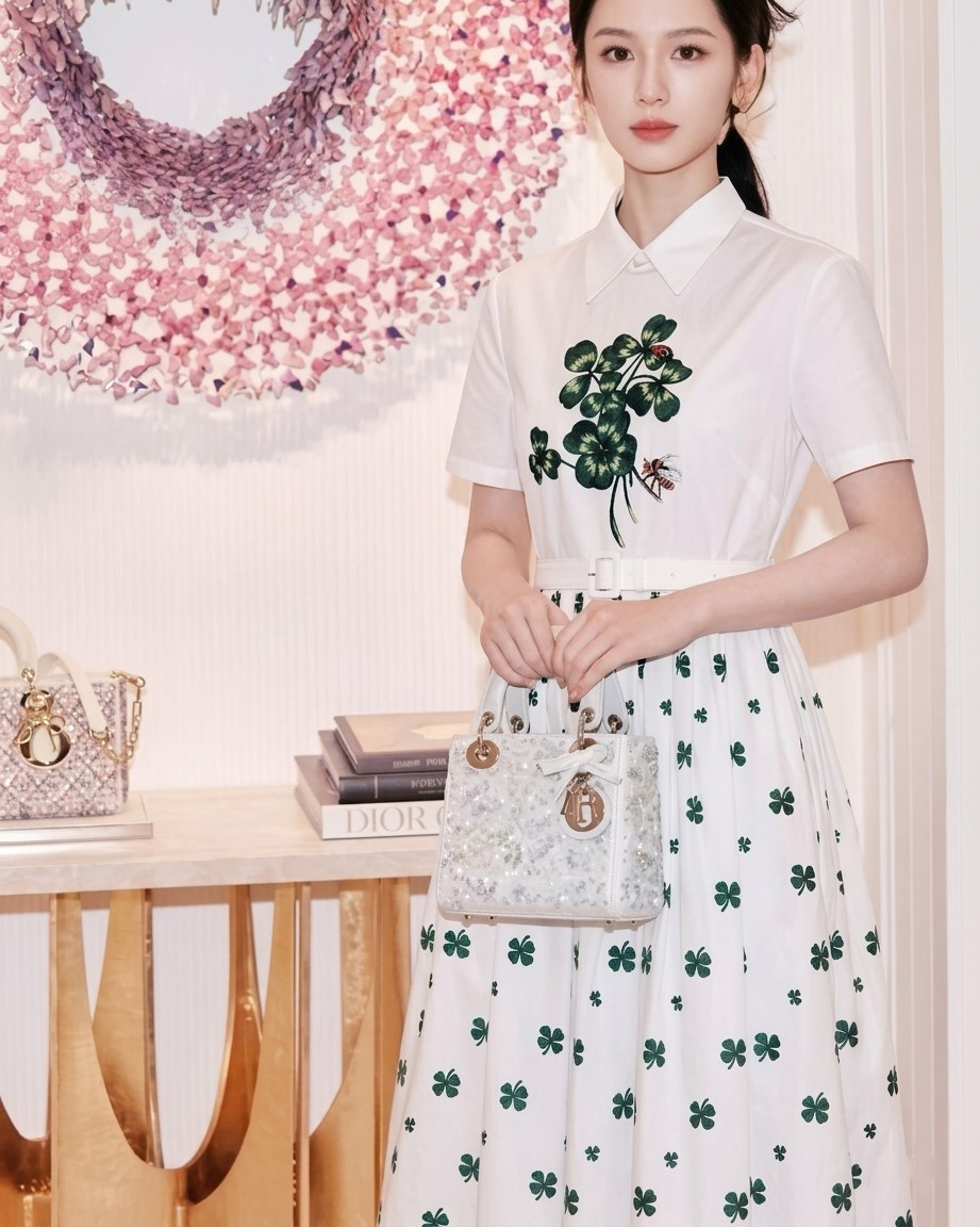 Đầm nữ Dior trắng phối xanh lá limited kèm thắt lưng 4