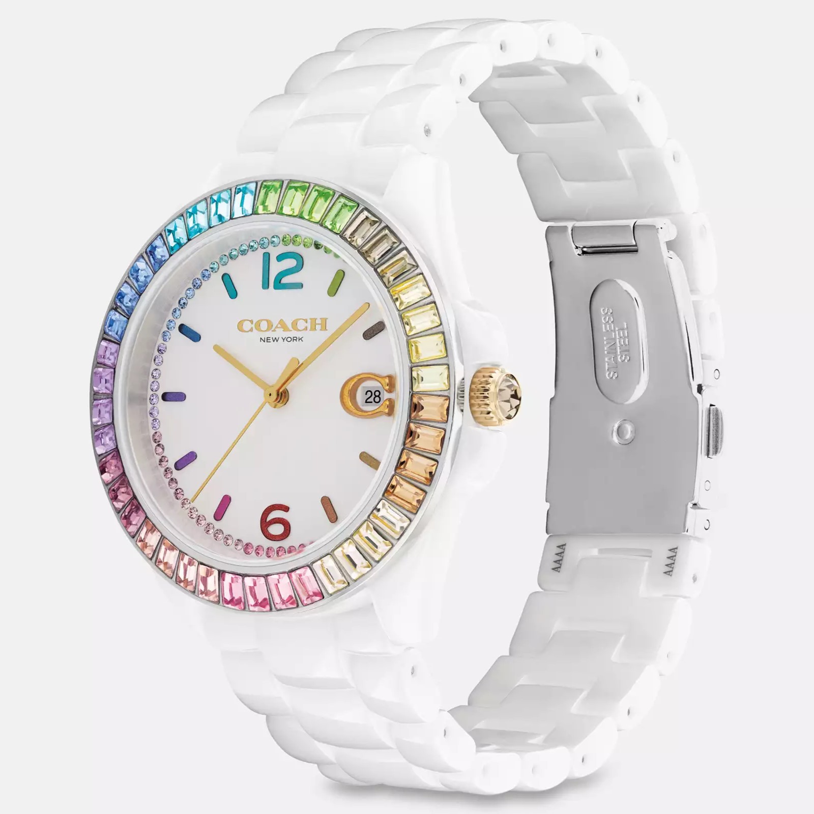 ĐỒNG HỒ ĐEO TAY NỮ COACH LADIES GREYSON MULTI-COLOR CRYSTAL ACCENT RAINBOW BEZEL WHITE CERAMIC WATCH 14504019 4