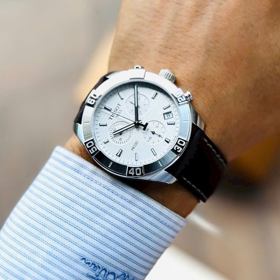 Đồng hồ đeo tay nam Tissot T-Classic PR 100 Sport Gent Chronograph Silver Dial Brown Leather Strap T1016171603100 3