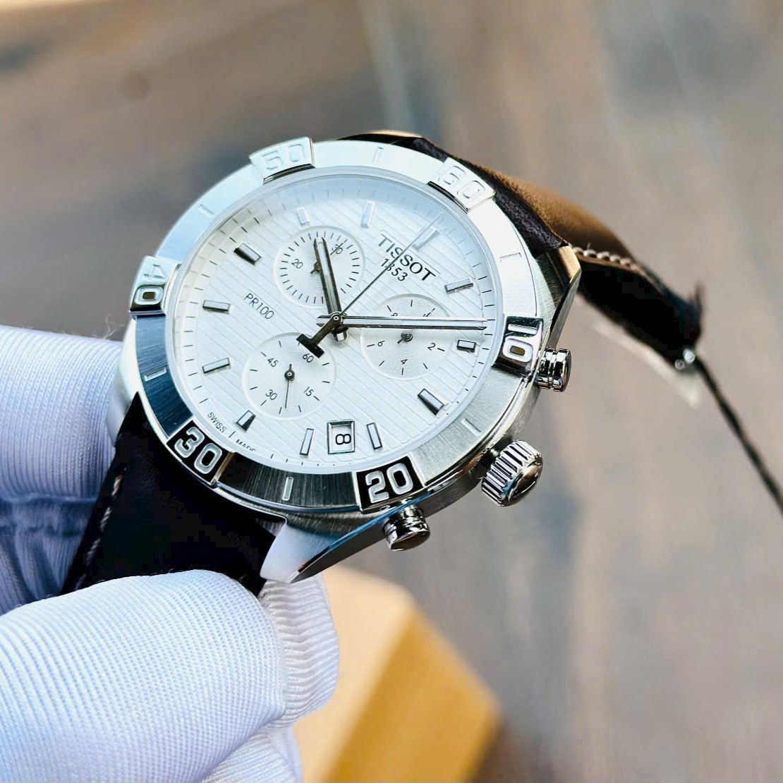 Đồng hồ đeo tay nam Tissot T-Classic PR 100 Sport Gent Chronograph Silver Dial Brown Leather Strap T1016171603100 7