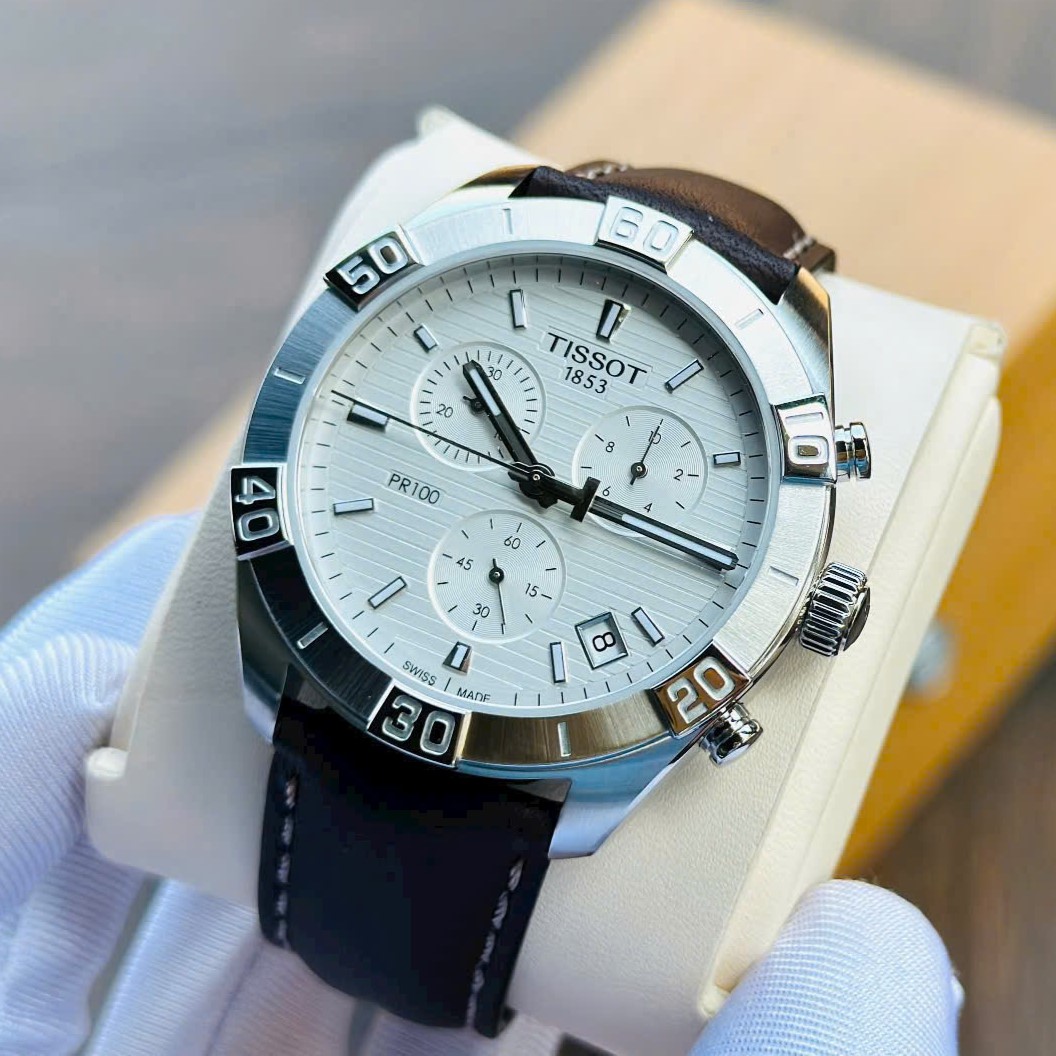 Đồng hồ đeo tay nam Tissot T-Classic PR 100 Sport Gent Chronograph Silver Dial Brown Leather Strap T1016171603100 12