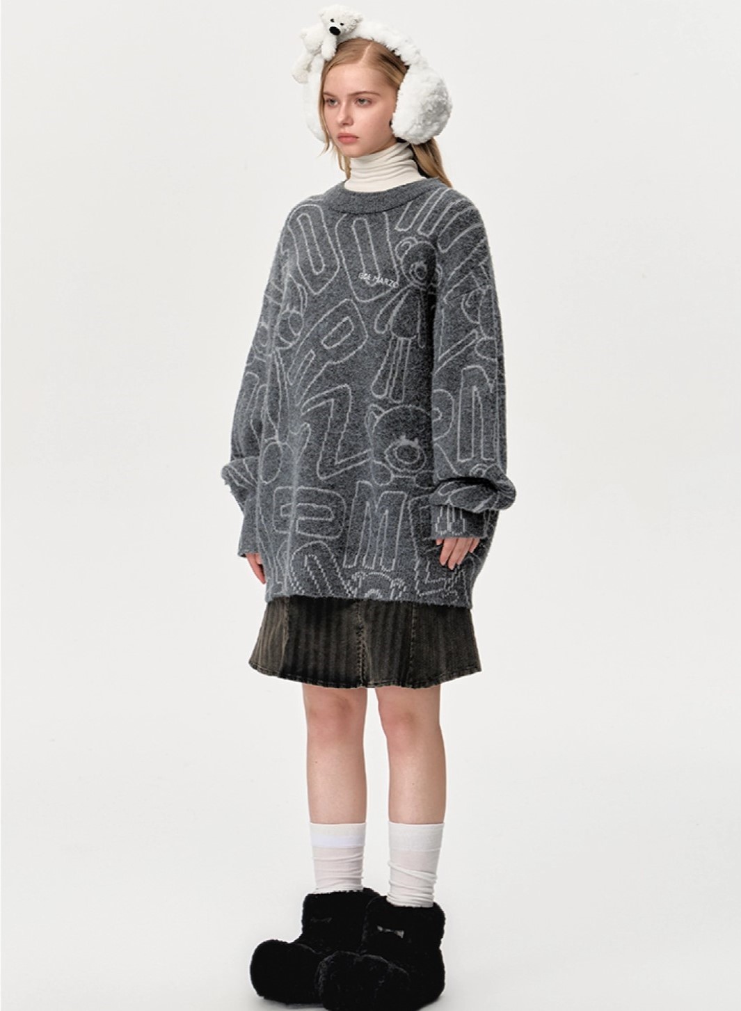 Áo gấu xám 13DE Marzo Bear Logo Sketch Jumper Grey 8