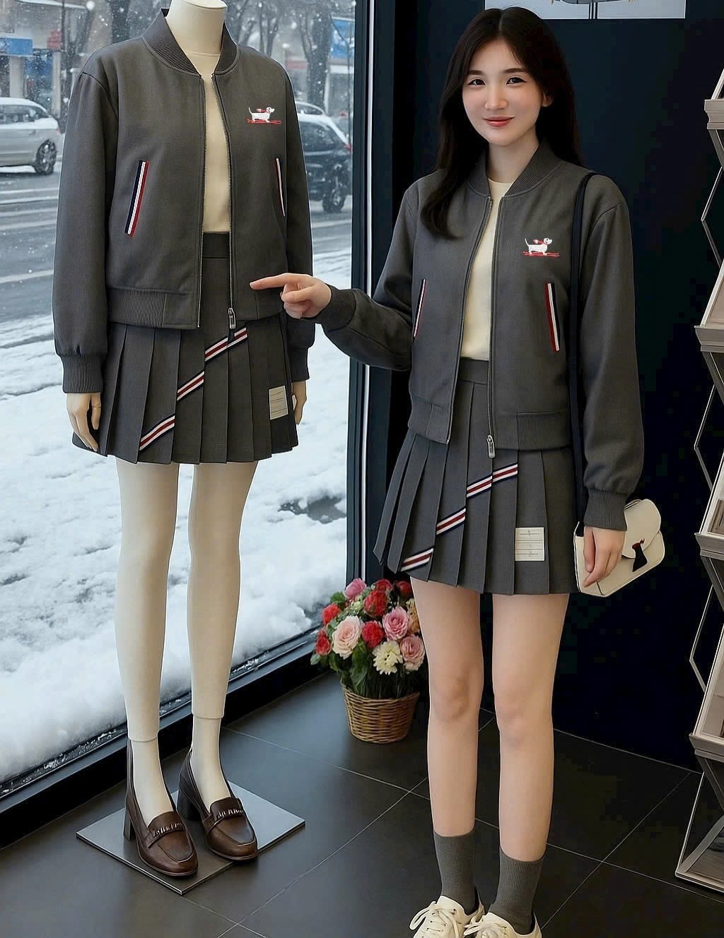 Combo áo khoác váy ngắn xếp ly họa tiết chó Thom Browne 4