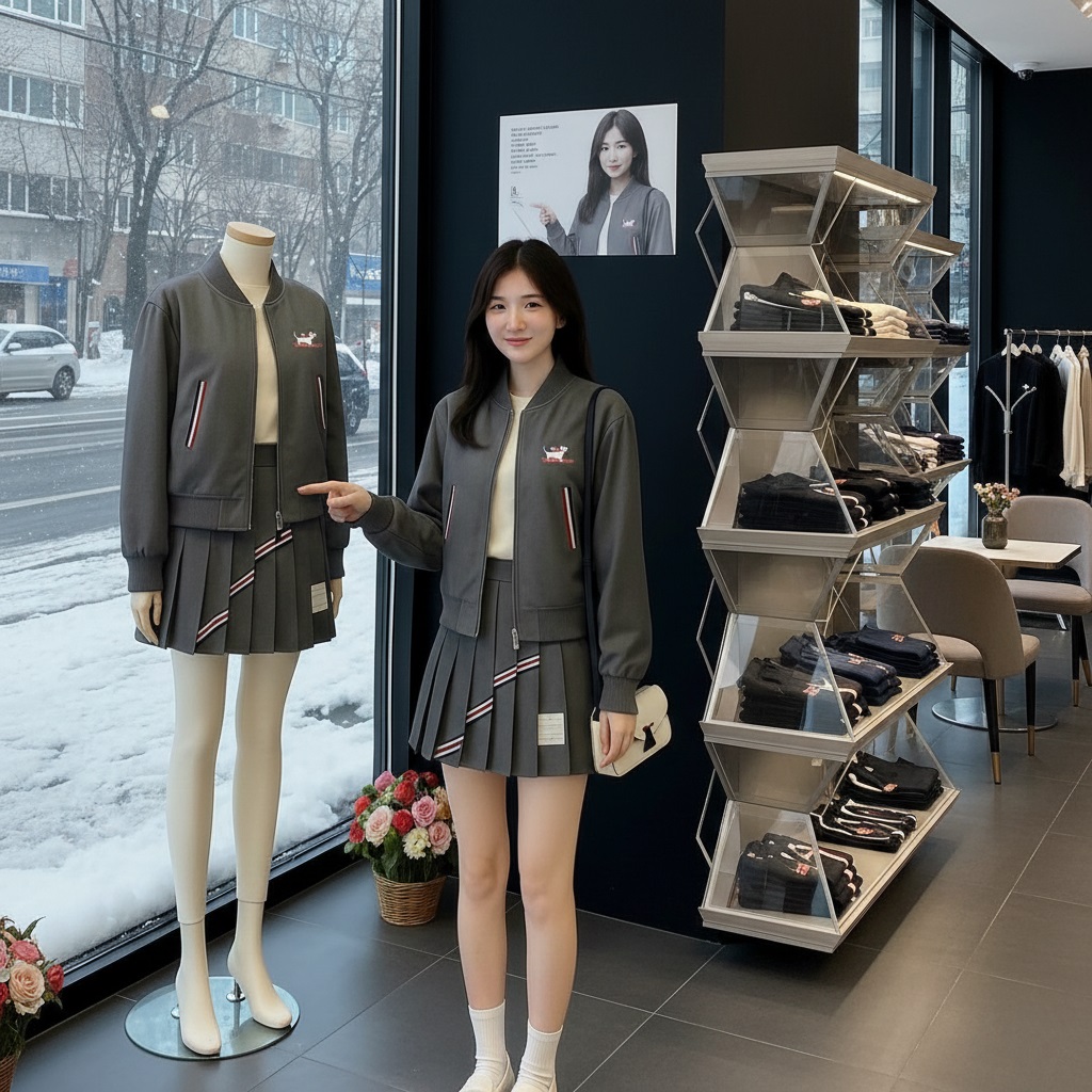 Combo áo khoác váy ngắn xếp ly họa tiết chó Thom Browne 7