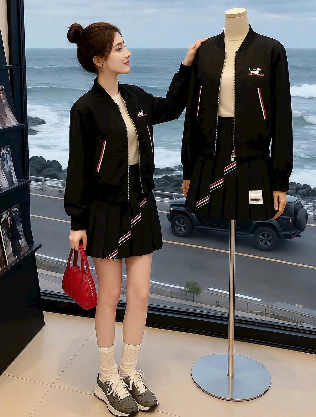 Combo áo khoác váy ngắn xếp ly họa tiết chó Thom Browne 11