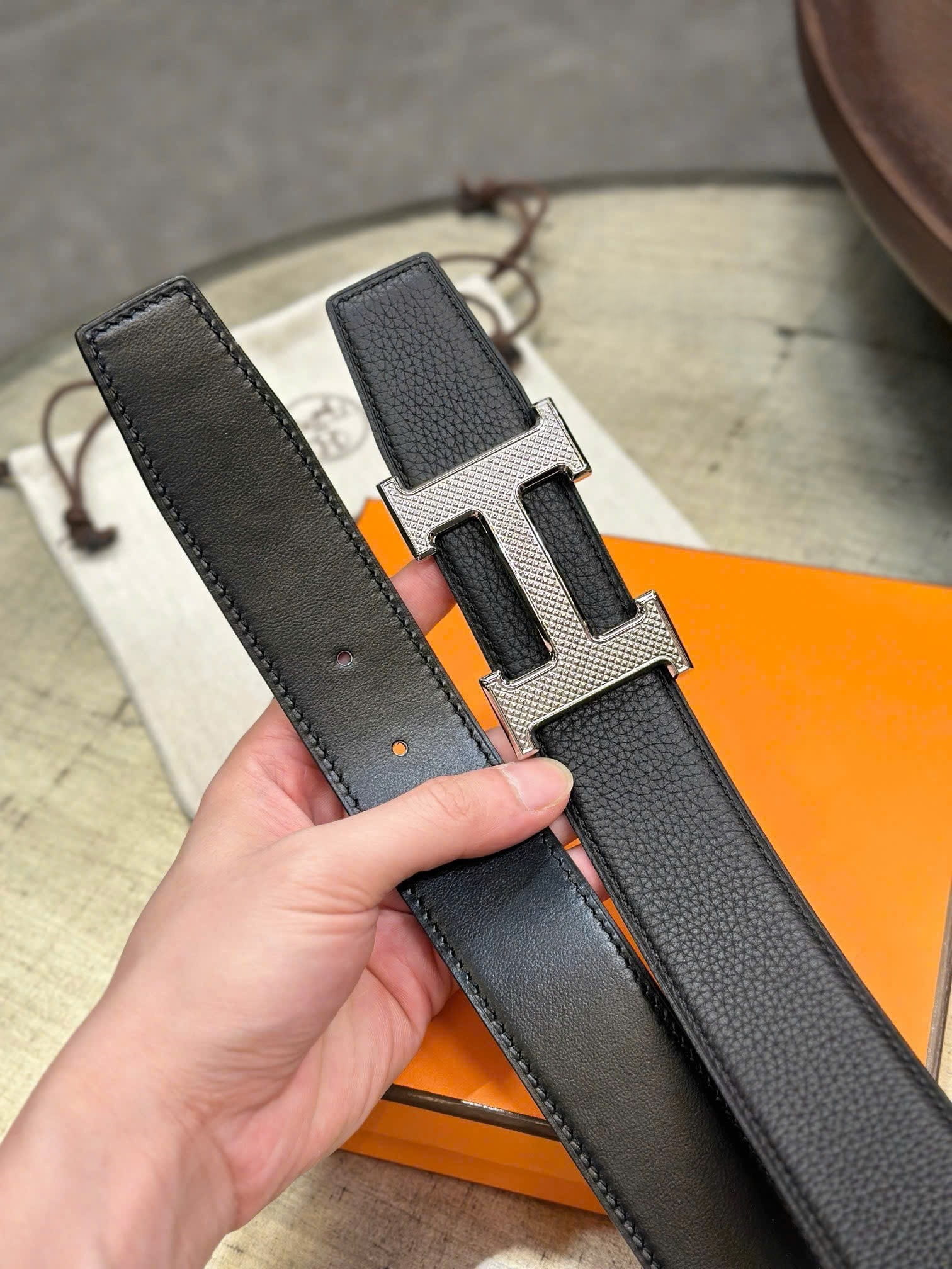 Thắt lưng Hermes H Guillochee Belt Buckle Reversible Leather Strap Noir 38 mm 6