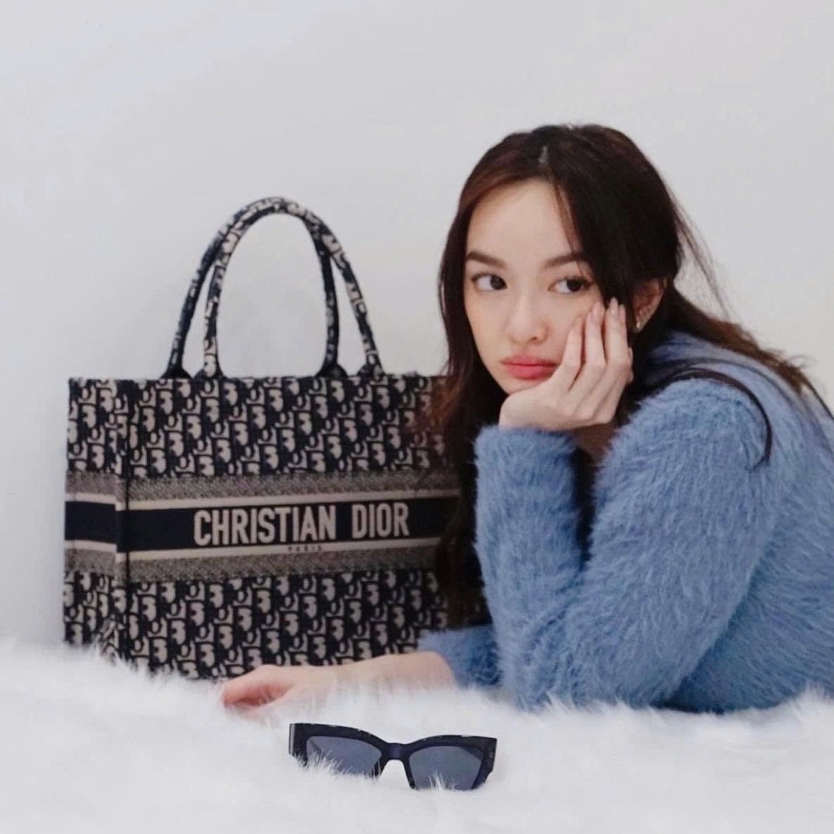 Túi nữ Medium Christian Dior Book Tote Ecru and Blue Dior Oblique Embroidery 4