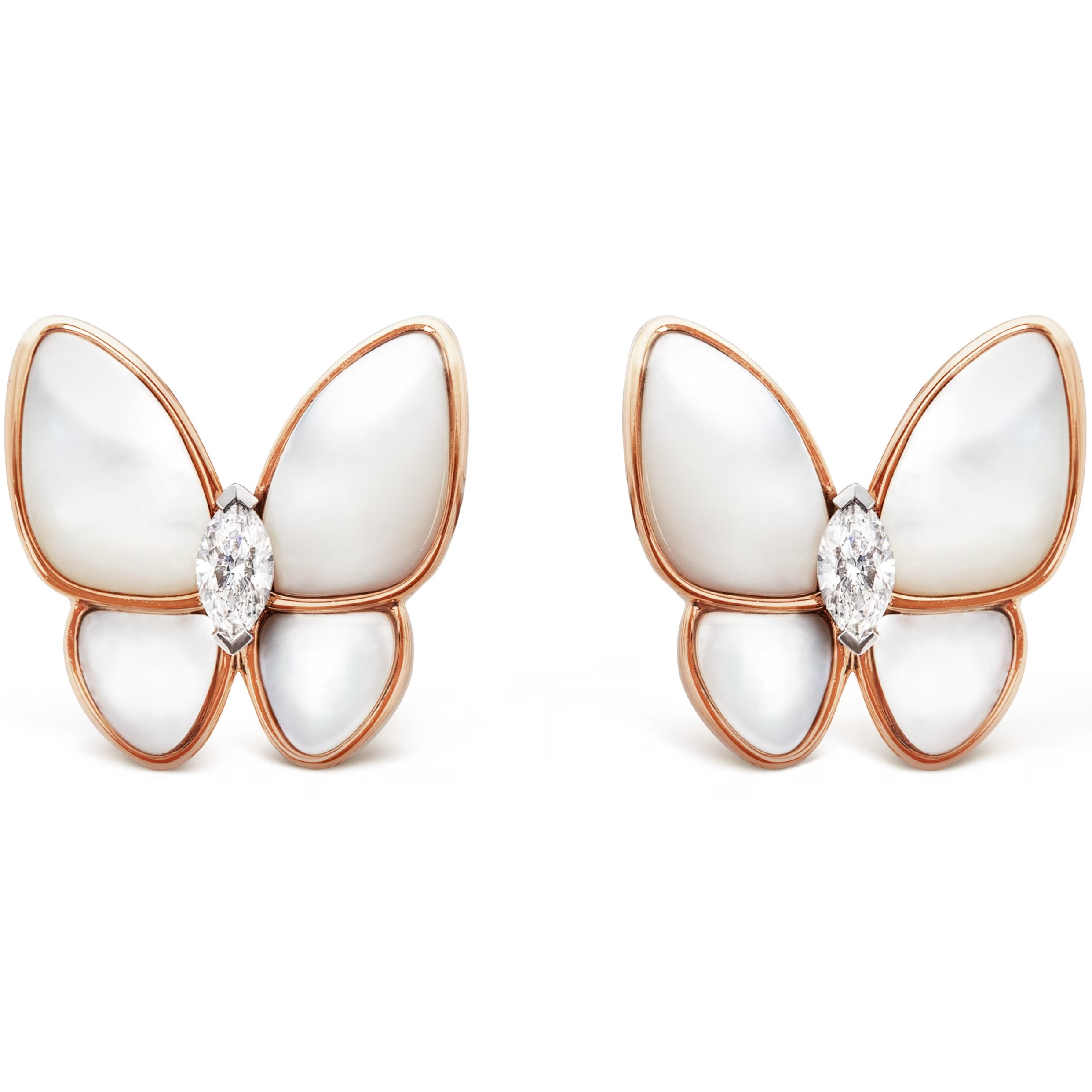 HOA TAI BƯỚM TRẮNG VAN CLEEF & ARPELS TWO BUTTERFLY EARRINGS ROSE GOLD WHITE MOTHER OF PEARL ROUND DIAMOND RHODIUM PLATED VCARO8FN00 2