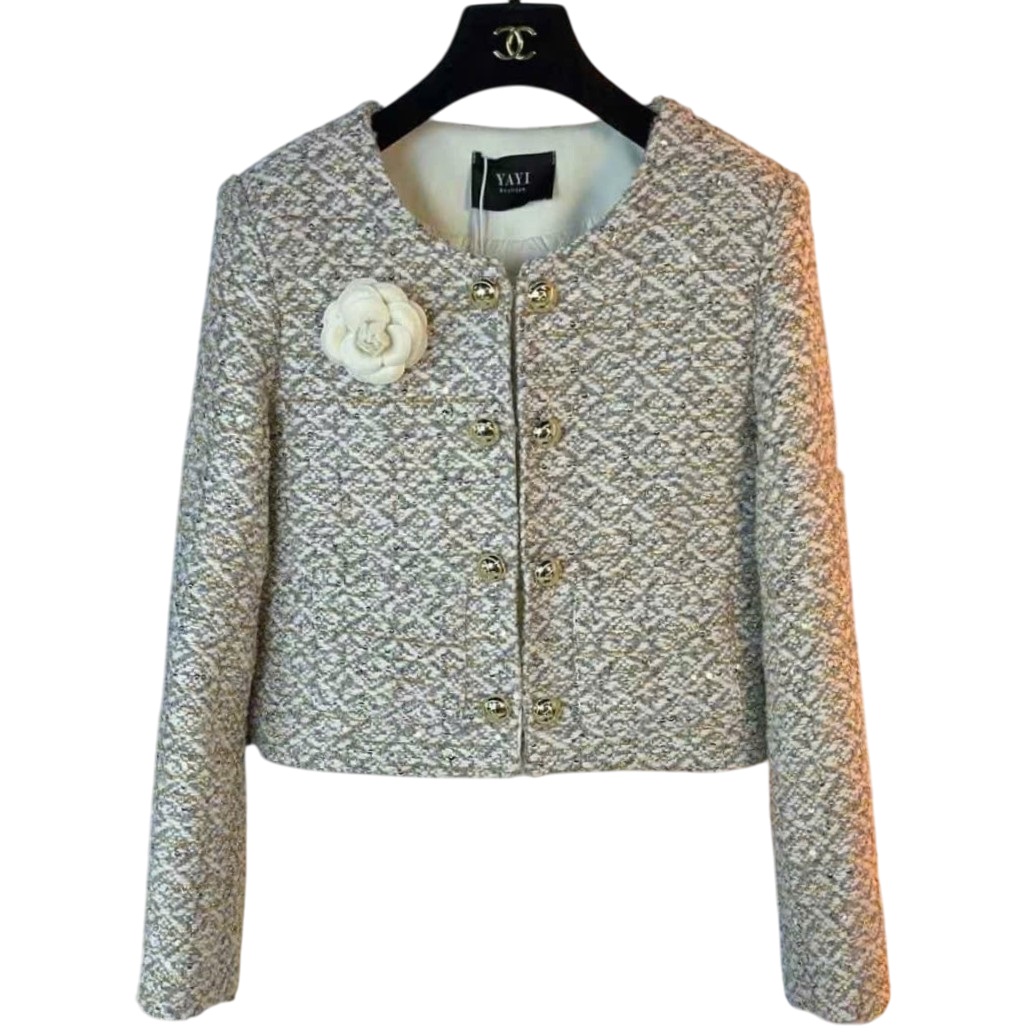 Áo khoác nữ dạ tweed trần lông vũ Chanel 2