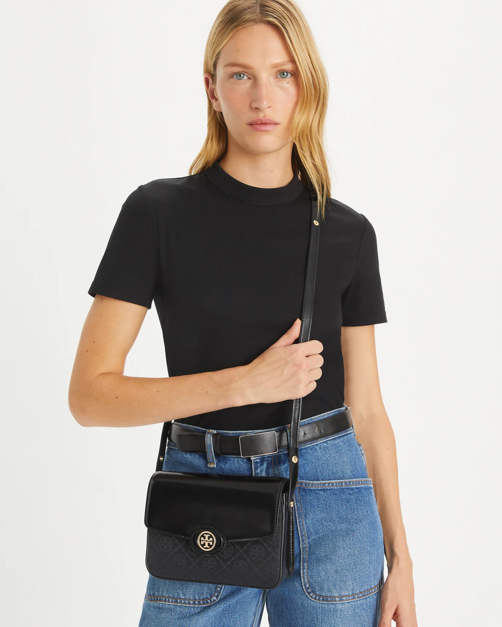 Túi đeo chéo Tory Burch Robinson T Monogram Convertible Shoulder Bag Black 4