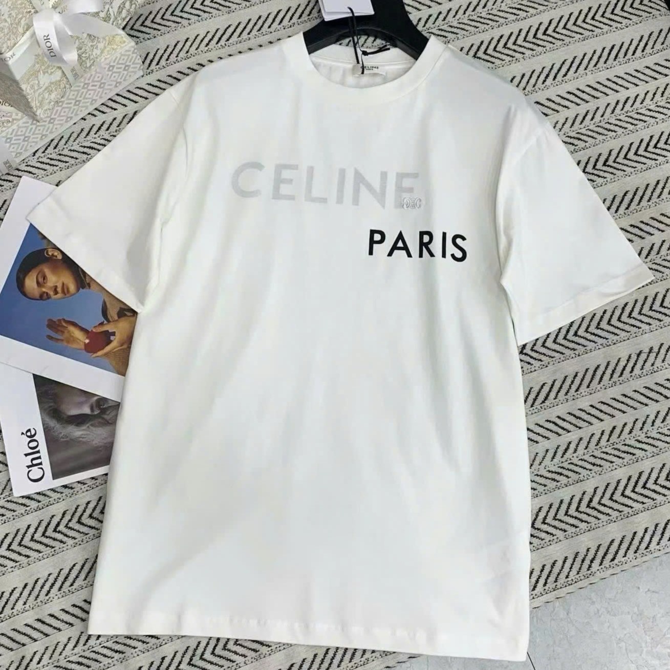 Áo thun trắng Celine Double Layered T-shirt In Fine Cotton Jersey 8