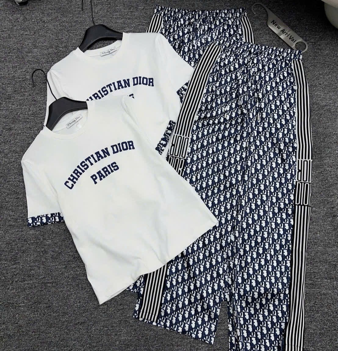 Combo bộ áo thun trắng quần suông dài họa tiết hãng Dior 10
