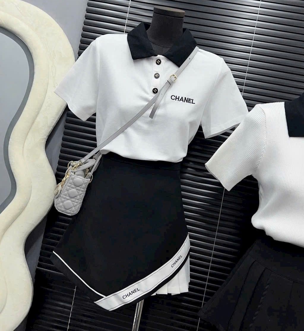 Combo áo thun polo váy ngắn trắng đen Chanel 2