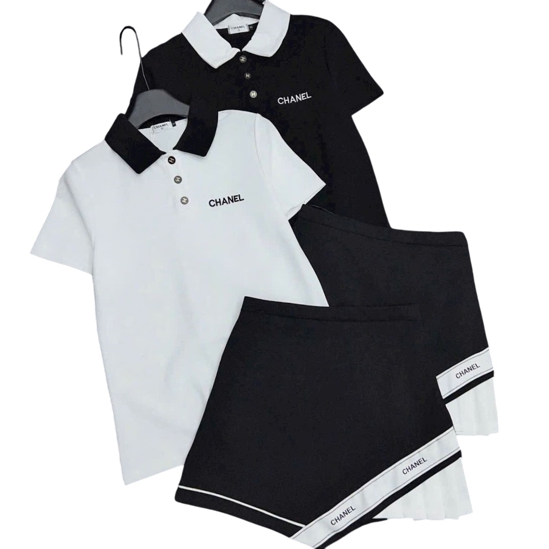 Combo áo thun polo váy ngắn trắng đen Chanel 8