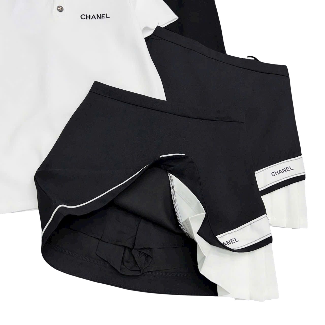 Combo áo thun polo váy ngắn trắng đen Chanel 10