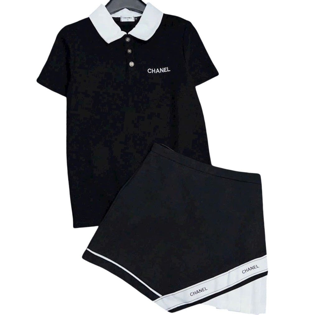Combo áo thun polo váy ngắn trắng đen Chanel 12