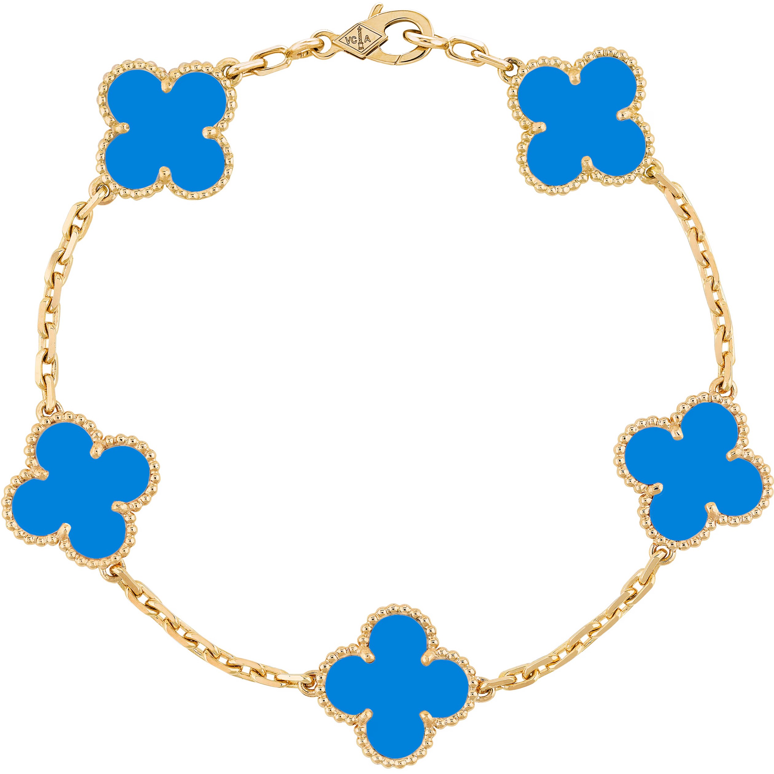 Lắc đeo tay cỏ 4 lá Van Cleef Arpels Vintage Alhambra 5 Motifs Bracelet Yellow Gold Blue Agate VCARP34900 5