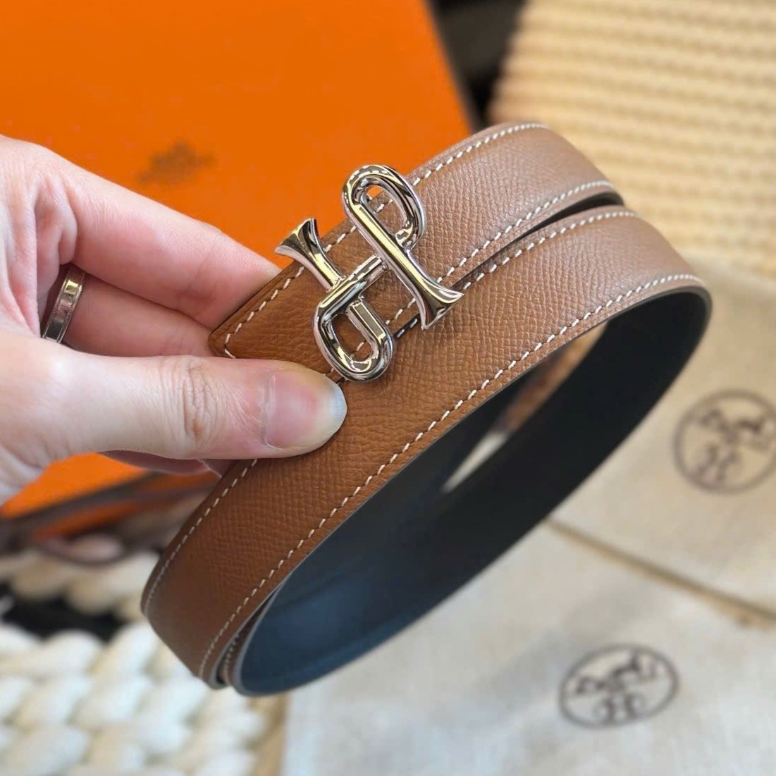 Dây nịt nữ Hermes Cor Baroque Belt Buckle Reversible Leather Strap Gold 24 mm 7
