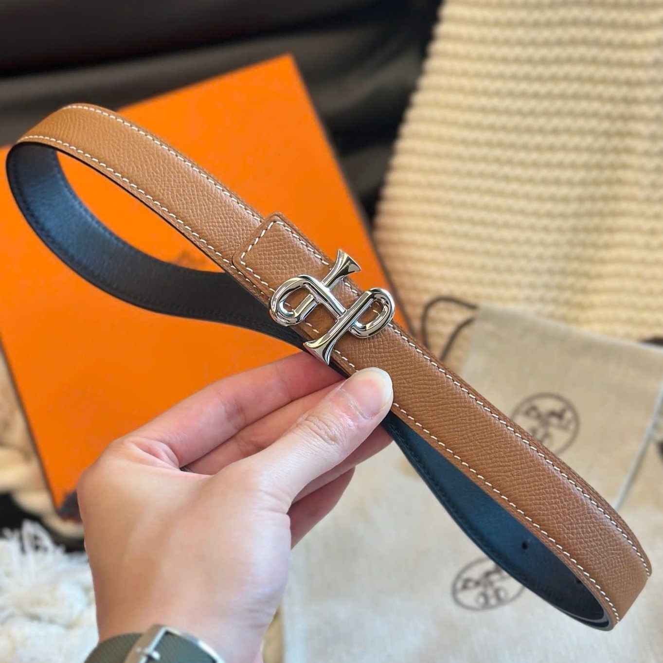 Dây nịt nữ Hermes Cor Baroque Belt Buckle Reversible Leather Strap Gold 24 mm 9