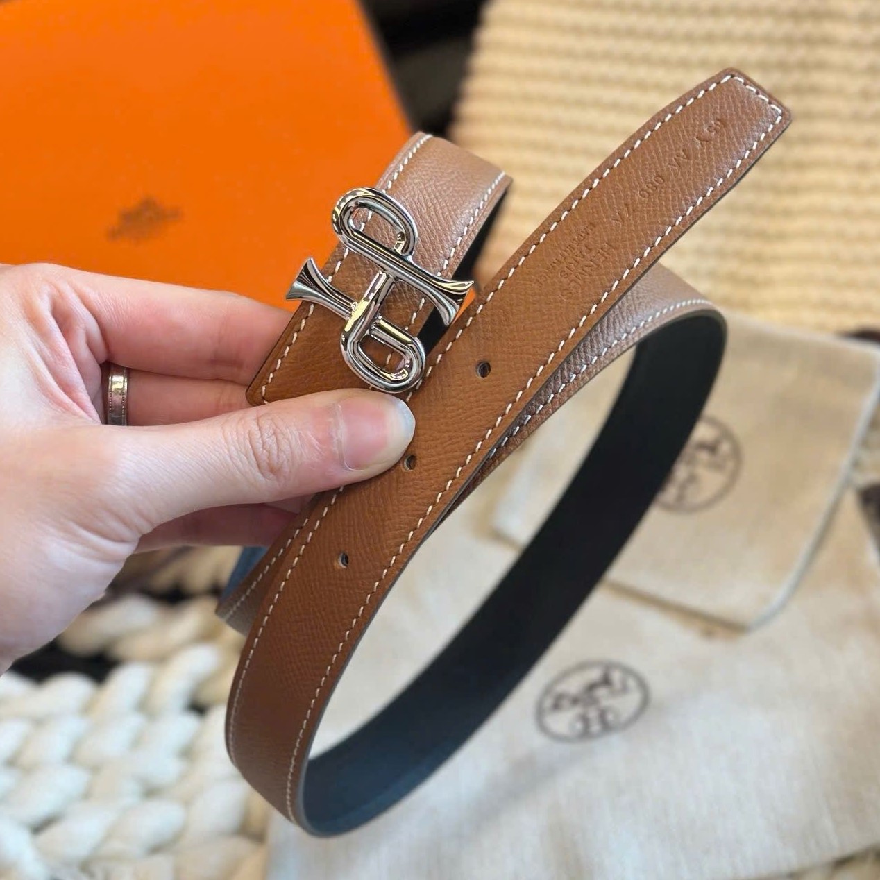 Dây nịt nữ Hermes Cor Baroque Belt Buckle Reversible Leather Strap Gold 24 mm 8