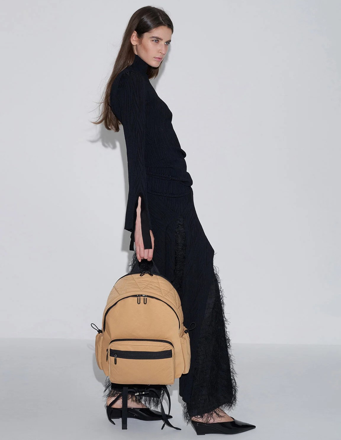 Ba lô CNK Charles Keith Soleil Nylon Backpack Camel CK2-60671589 10